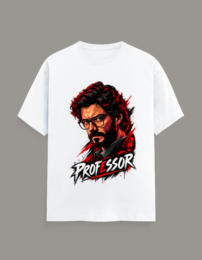 A white short-sleeve crewneck t-shirt featuring a graphic print of a man with glasses and a beard, with the text 'PROFESSOR' in a stylized font below, displayed on a solid gray background.