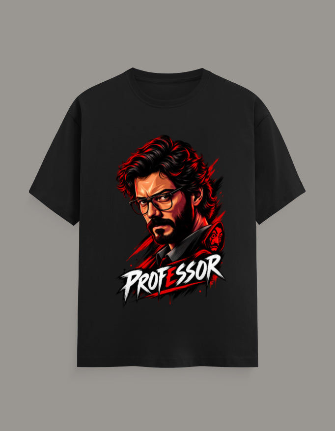 A black short-sleeve t-shirt with a graphic print of a man's portrait and the word 'Professor' in stylized white and red lettering, displayed against a solid gray background.