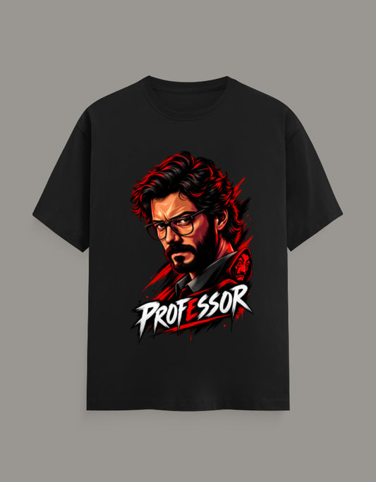 A black short-sleeve t-shirt with a graphic print of a man's portrait and the word 'Professor' in stylized white and red lettering, displayed against a solid gray background.