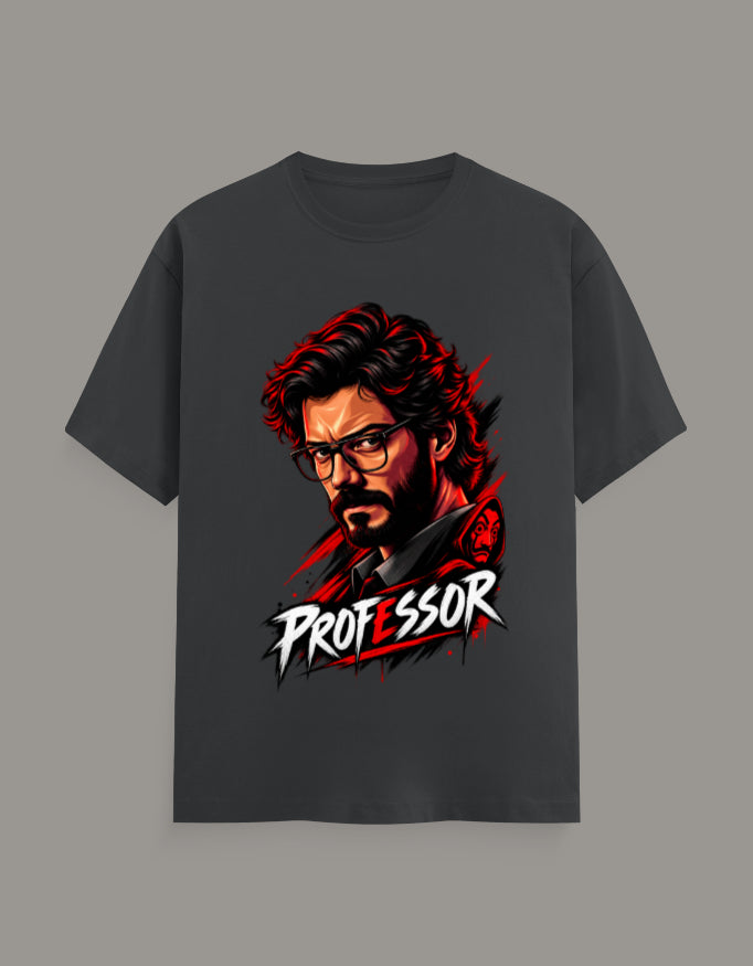 A dark gray short-sleeve t-shirt with a graphic print of a man with glasses and a beard, with the word 'PROFESSOR' written in stylized white and red text below, displayed on a solid gray background.